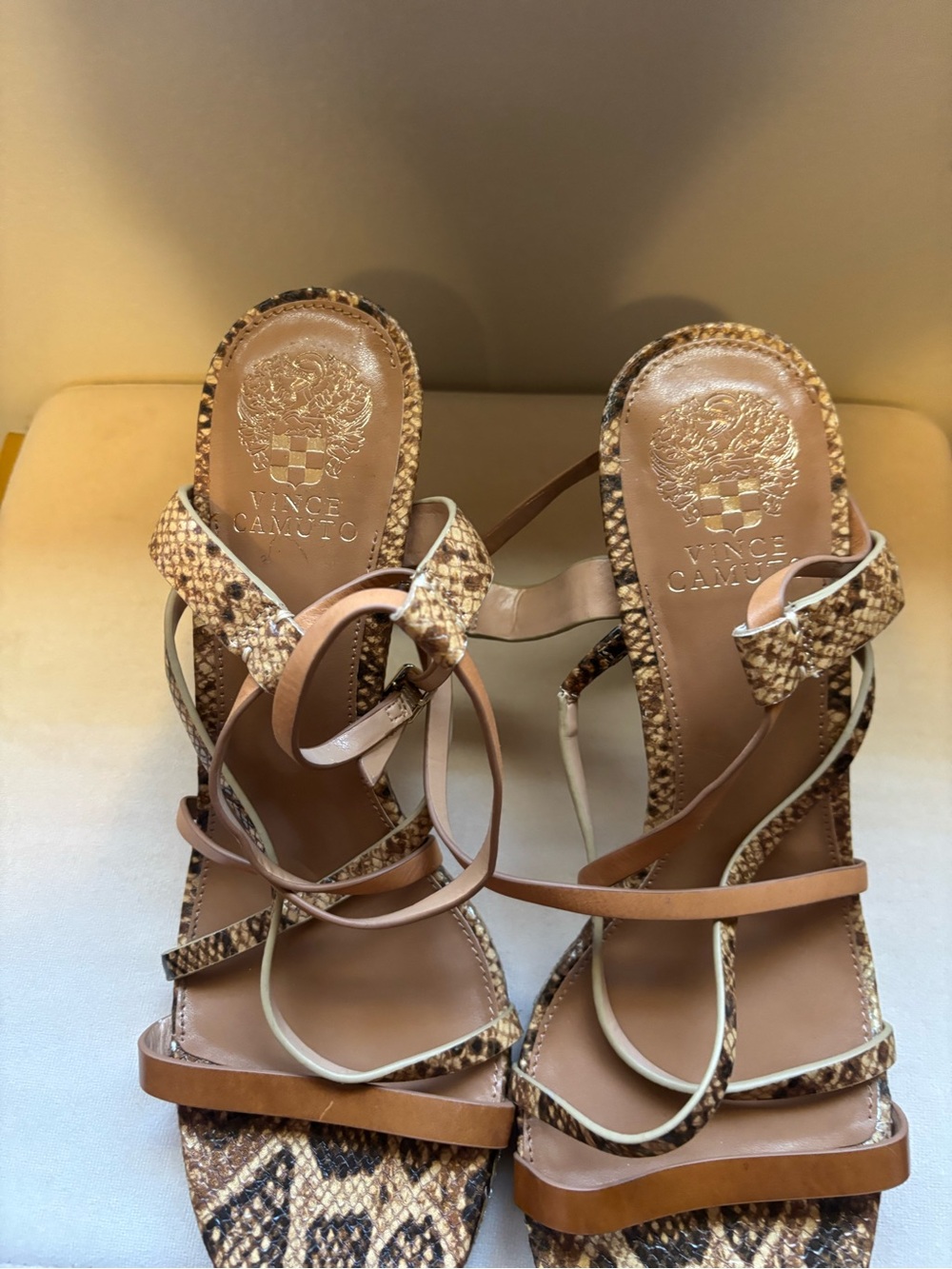 Vince Camuto Brown Snake-Print Strappy Heels
